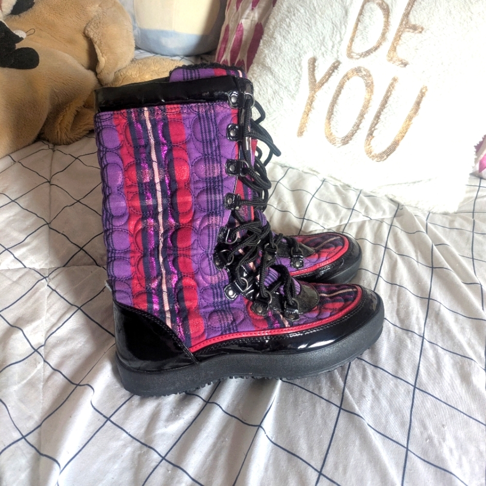 Coach boots, coach Peggy quilted boots, stylish winter boots, purple lover